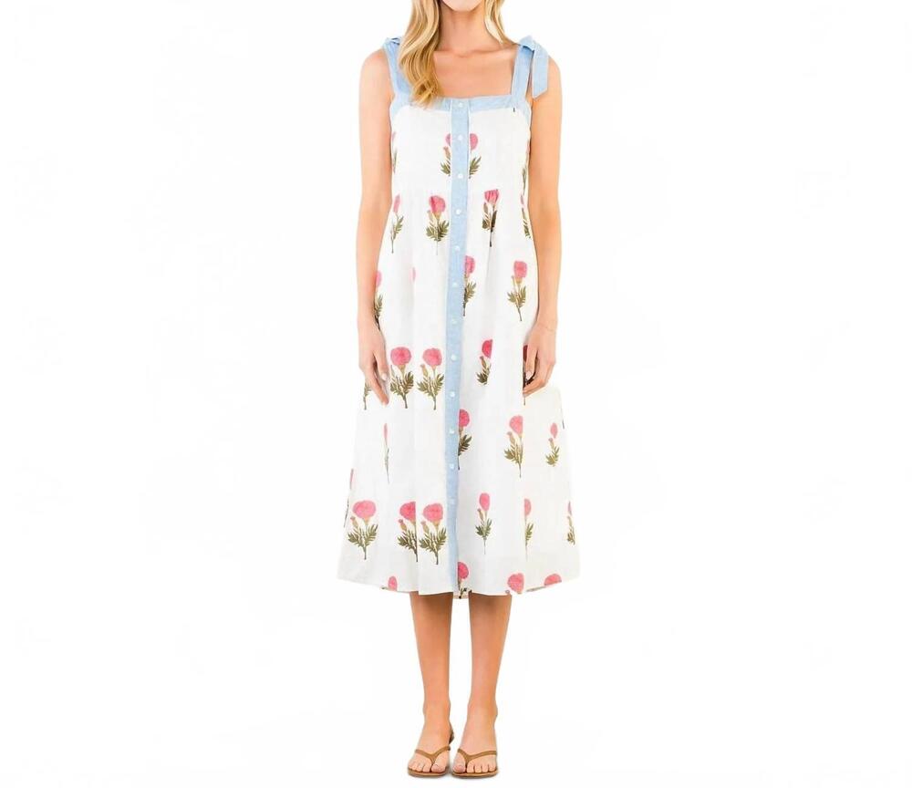 NEW THML women's tie straps pattern midi dress in white floral